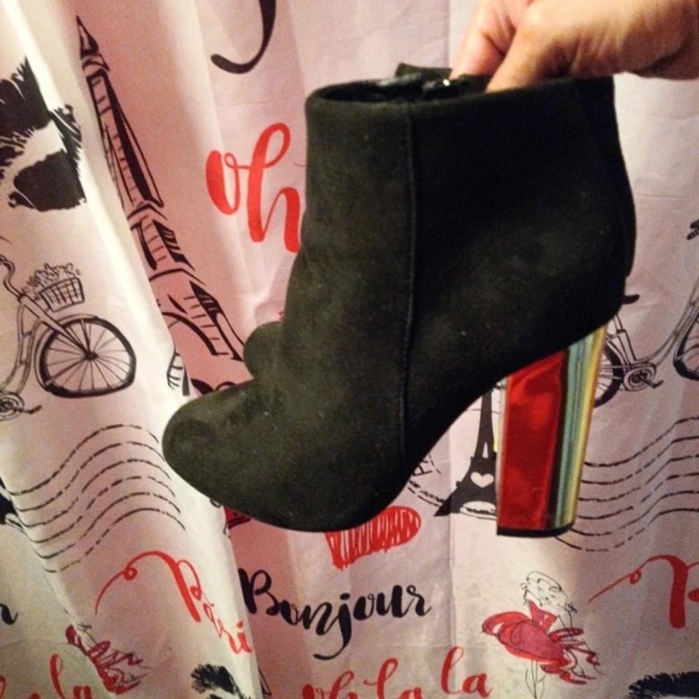 BAMBOO Black Suede Ankle Boot with Rainbow Metallic Block Heel